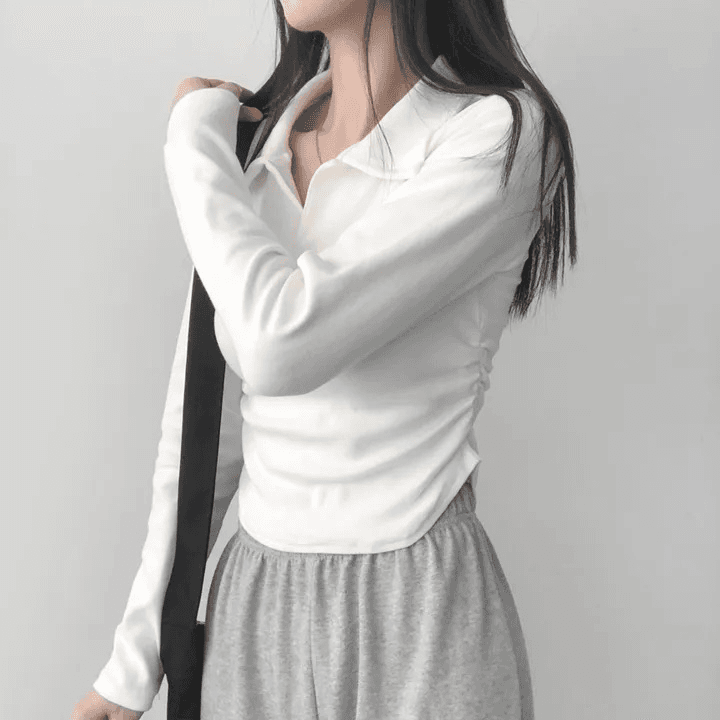 있음 선적 한국 chic 가을 주름 허리 수축 몸매 가꾸기 긴팔 POLO 칼라 티셔츠 맨위 상세 이미지 12