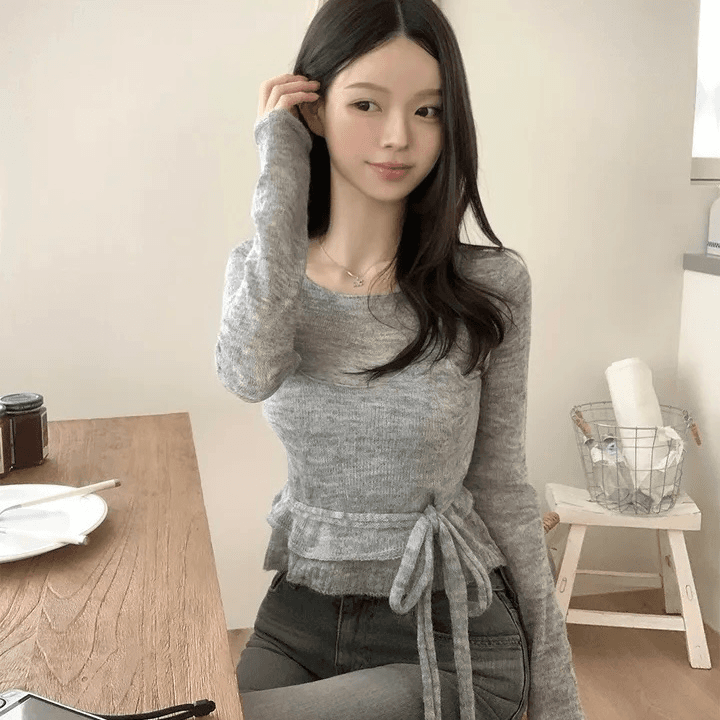 지금 재고 있음 한국 chic 가을 달콤함 페이크 레이어드 스트랩 니트 스웨터 얇은 스타일 스웨터 품격 다용도 맨위 상세 이미지 2