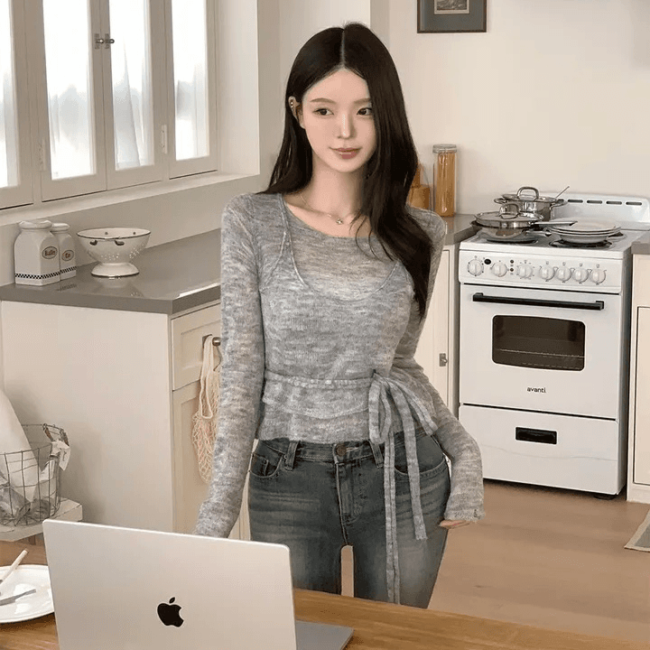 지금 재고 있음 한국 chic 가을 달콤함 페이크 레이어드 스트랩 니트 스웨터 얇은 스타일 스웨터 품격 다용도 맨위 상세 이미지 7