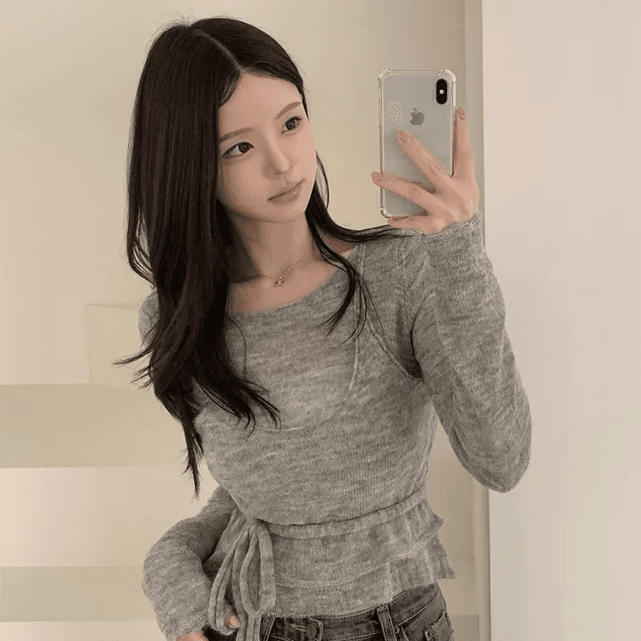 지금 재고 있음 한국 chic 가을 달콤함 페이크 레이어드 스트랩 니트 스웨터 얇은 스타일 스웨터 품격 다용도 맨위 상세 이미지 12