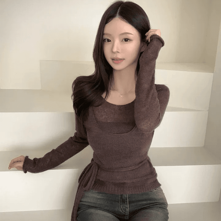 지금 재고 있음 한국 chic 가을 달콤함 페이크 레이어드 스트랩 니트 스웨터 얇은 스타일 스웨터 품격 다용도 맨위 상세 이미지 32