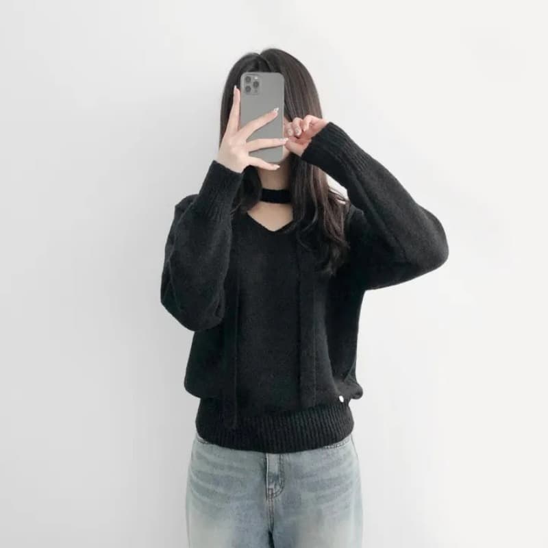 지금 재고 있음 한국 chic 미니멀리즘 v 넥타이 리본 니트 스웨터 품격 다용도 오프숄더 다용도 스웨터 이미지 5