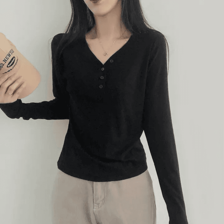 있음 선적 한국 chic 가을 V넥 기본 셔츠 긴팔 연삭 털 맨위 상세 이미지 2