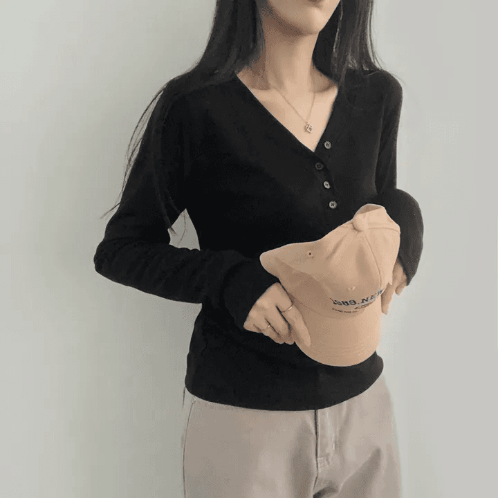 있음 선적 한국 chic 가을 V넥 기본 셔츠 긴팔 연삭 털 맨위 상세 이미지 3