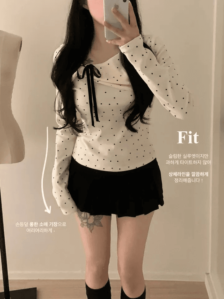 있음 선적 한국 chic 가을 비스듬한 칼라 나비 매듭 도트 무늬 긴팔 티셔츠 디자인 센스 몸매 가꾸기 슬림해 보이는 맨위 상세 이미지 4