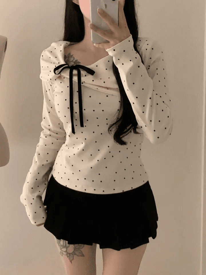 있음 선적 한국 chic 가을 비스듬한 칼라 나비 매듭 도트 무늬 긴팔 티셔츠 디자인 센스 몸매 가꾸기 슬림해 보이는 맨위 상세 이미지 7