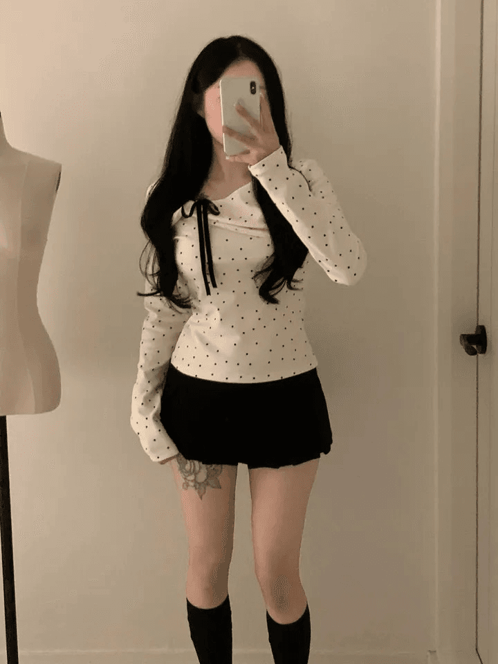 있음 선적 한국 chic 가을 비스듬한 칼라 나비 매듭 도트 무늬 긴팔 티셔츠 디자인 센스 몸매 가꾸기 슬림해 보이는 맨위 상세 이미지 9