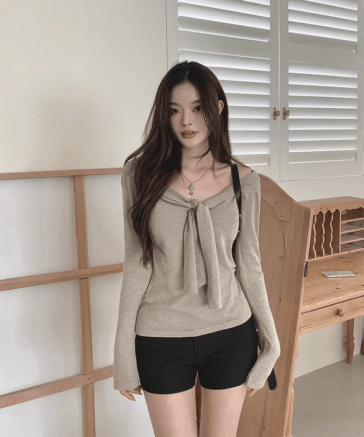 있음 선적 한국 chic 가을 보트넥 스트랩 긴팔 니트 스웨터 허리 수축 오프숄더 맨위 상세 이미지 2