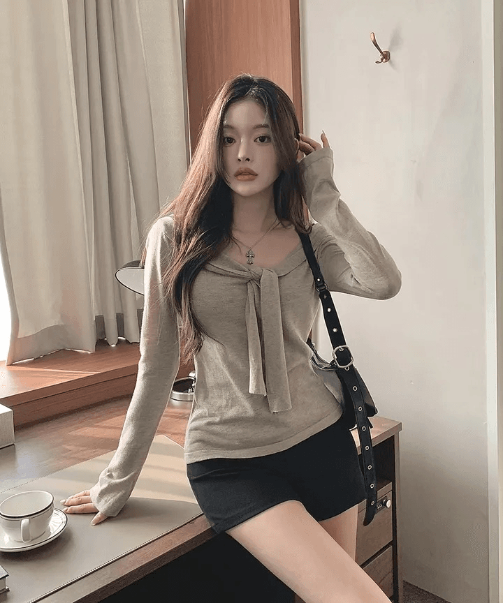 있음 선적 한국 chic 가을 보트넥 스트랩 긴팔 니트 스웨터 허리 수축 오프숄더 맨위 상세 이미지 3