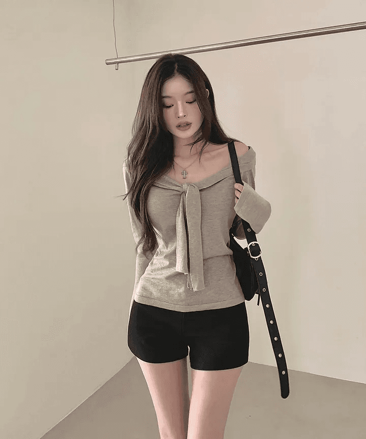 있음 선적 한국 chic 가을 보트넥 스트랩 긴팔 니트 스웨터 허리 수축 오프숄더 맨위 상세 이미지 8