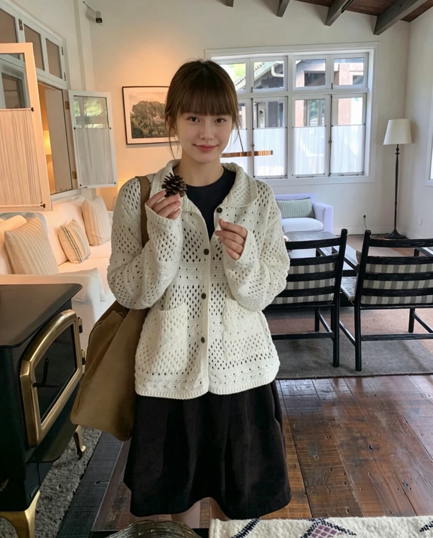 지금 재고 있음 한국 chic 니트 홀로우 아웃 재킷 오래된 돈 바람 레트로 다용도 폴로 칼라 스웨터 오픈 가디건 여성 상세 이미지 4
