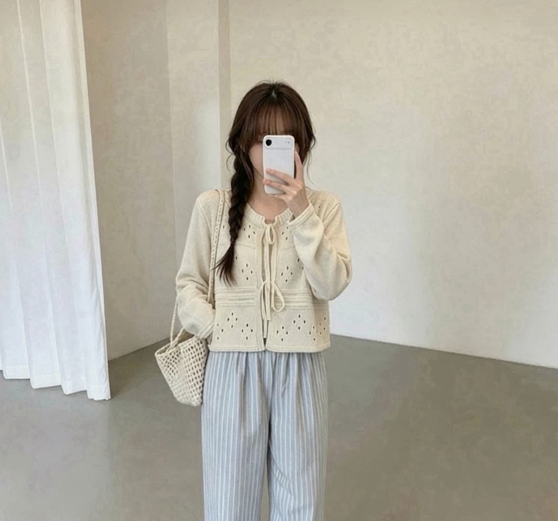 있음 선적 한국 chic 가을 새로운 달콤함 홀로우 아웃 레이스업 나비 매듭 오픈 가디건 다용도 슬림해 보이는 니트 재킷 상세 이미지 2