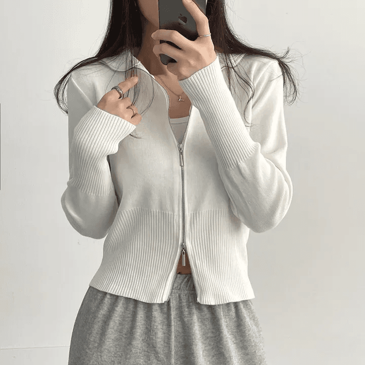 있음 선적 한국 chic 가을 패션 폴로 칼라 긴팔 더블 머리 지퍼 니트 오픈 가디건 상세 이미지 4