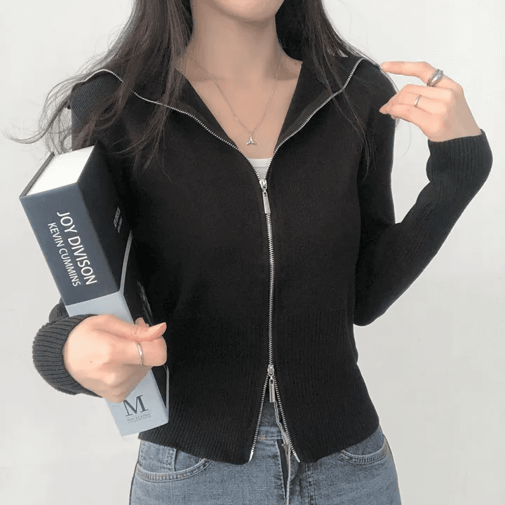 있음 선적 한국 chic 가을 패션 폴로 칼라 긴팔 더블 머리 지퍼 니트 오픈 가디건 상세 이미지 11