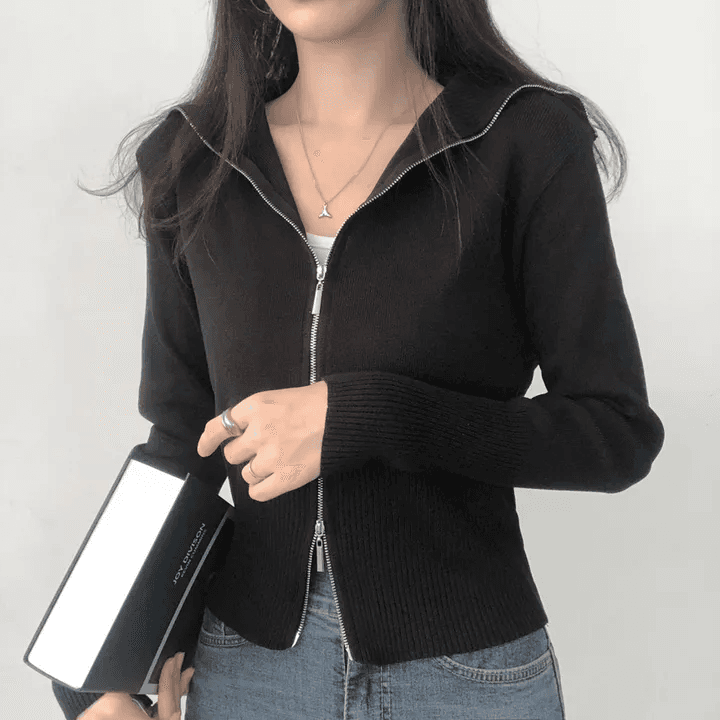 있음 선적 한국 chic 가을 패션 폴로 칼라 긴팔 더블 머리 지퍼 니트 오픈 가디건 상세 이미지 12