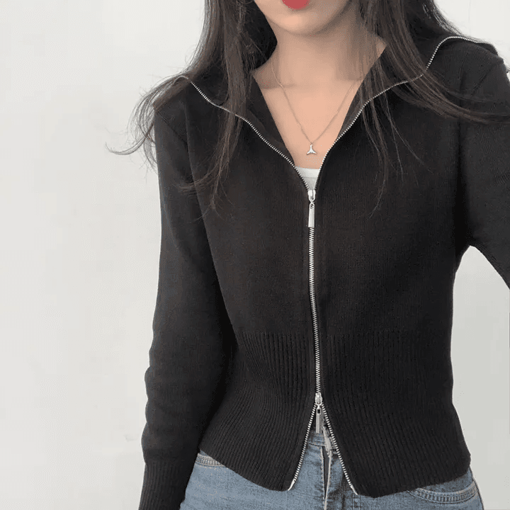있음 선적 한국 chic 가을 패션 폴로 칼라 긴팔 더블 머리 지퍼 니트 오픈 가디건 상세 이미지 13