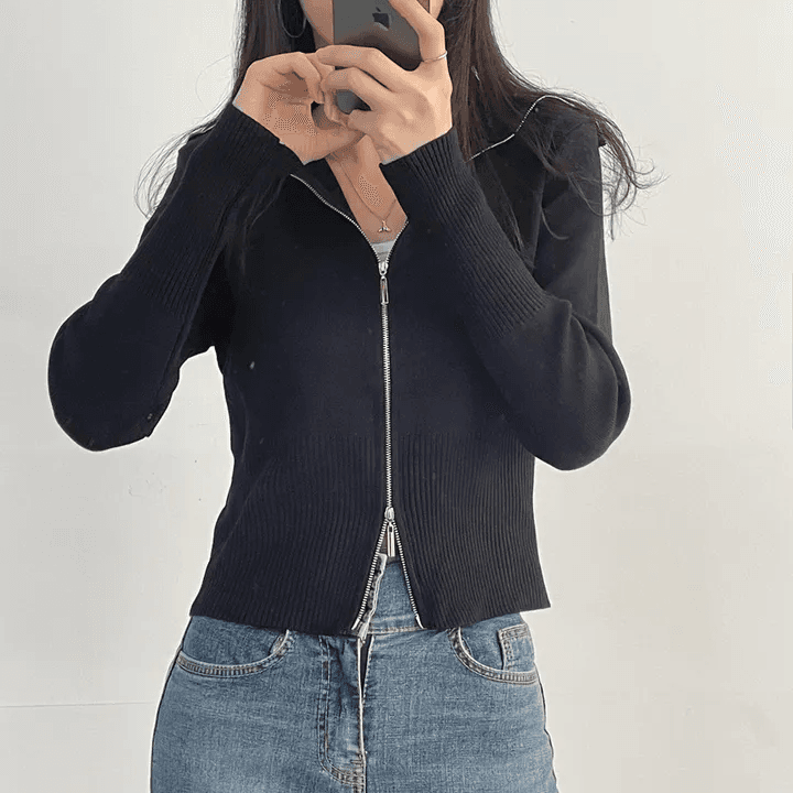 있음 선적 한국 chic 가을 패션 폴로 칼라 긴팔 더블 머리 지퍼 니트 오픈 가디건 상세 이미지 15