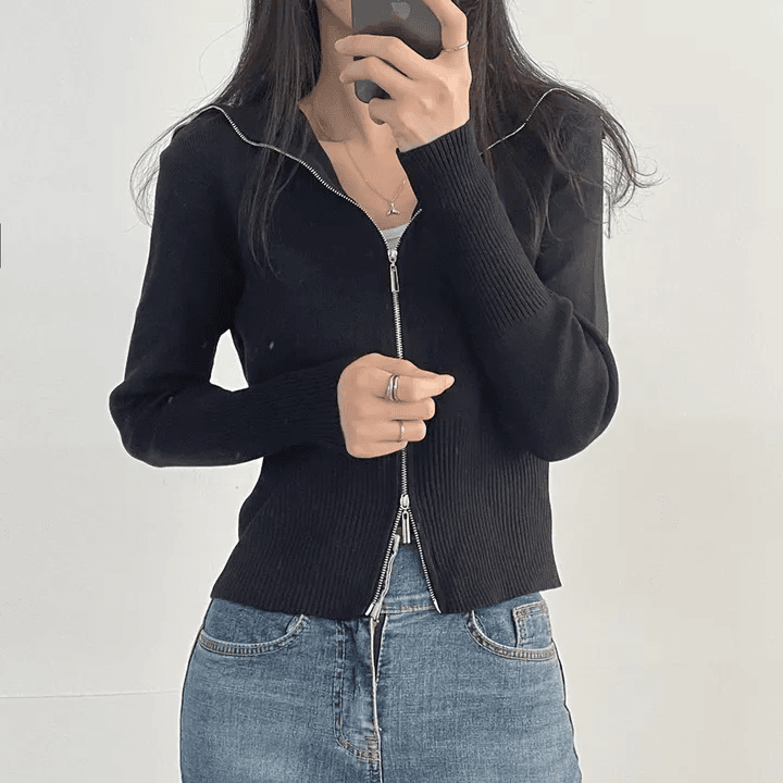 있음 선적 한국 chic 가을 패션 폴로 칼라 긴팔 더블 머리 지퍼 니트 오픈 가디건 상세 이미지 16