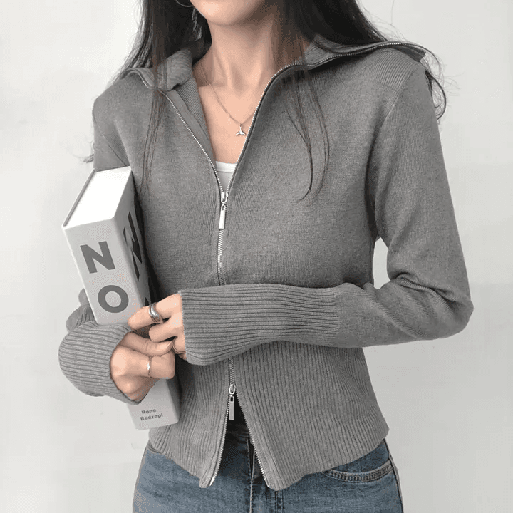 있음 선적 한국 chic 가을 패션 폴로 칼라 긴팔 더블 머리 지퍼 니트 오픈 가디건 상세 이미지 19