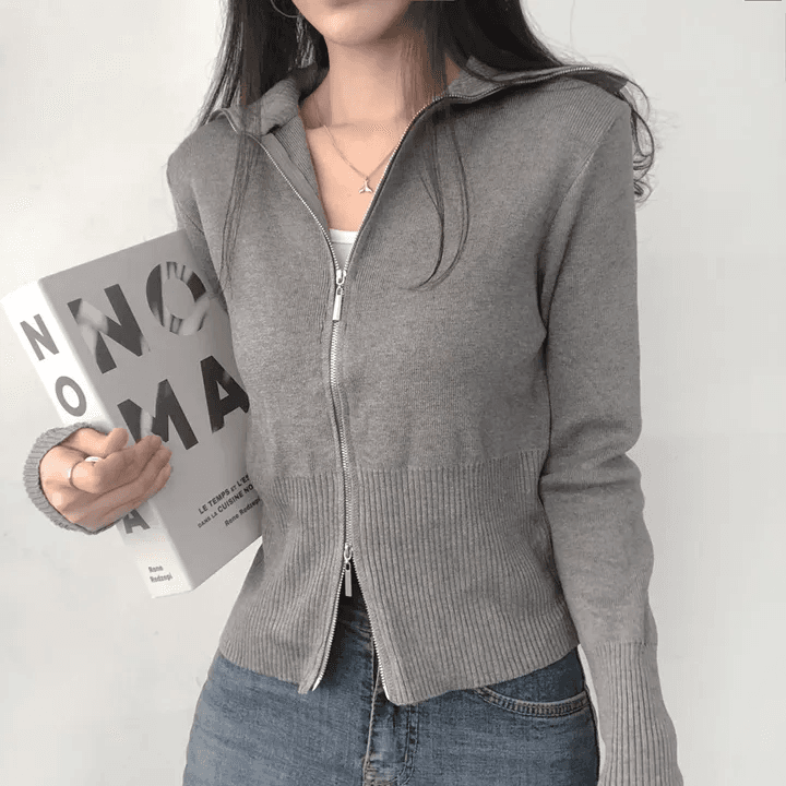 있음 선적 한국 chic 가을 패션 폴로 칼라 긴팔 더블 머리 지퍼 니트 오픈 가디건 상세 이미지 20