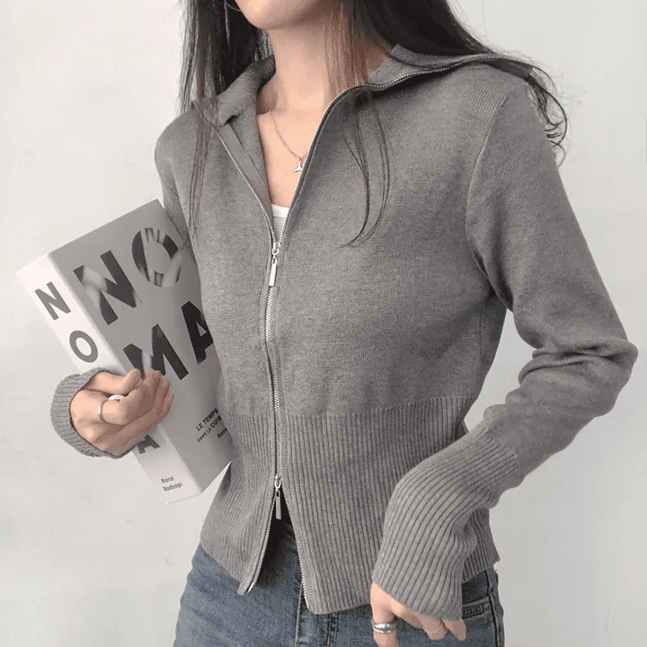 있음 선적 한국 chic 가을 패션 폴로 칼라 긴팔 더블 머리 지퍼 니트 오픈 가디건 상세 이미지 24