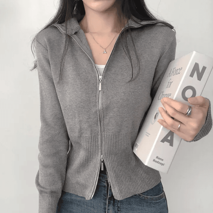 있음 선적 한국 chic 가을 패션 폴로 칼라 긴팔 더블 머리 지퍼 니트 오픈 가디건 상세 이미지 25