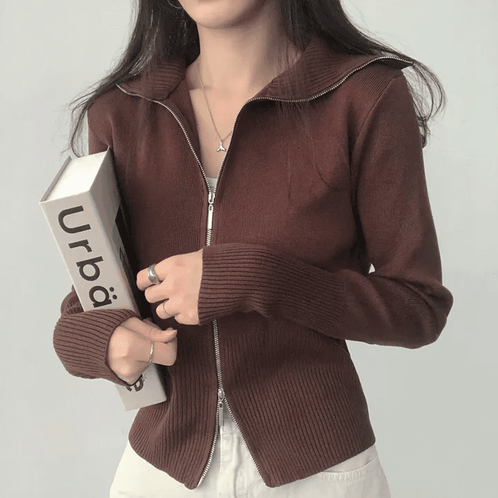 있음 선적 한국 chic 가을 패션 폴로 칼라 긴팔 더블 머리 지퍼 니트 오픈 가디건 상세 이미지 30