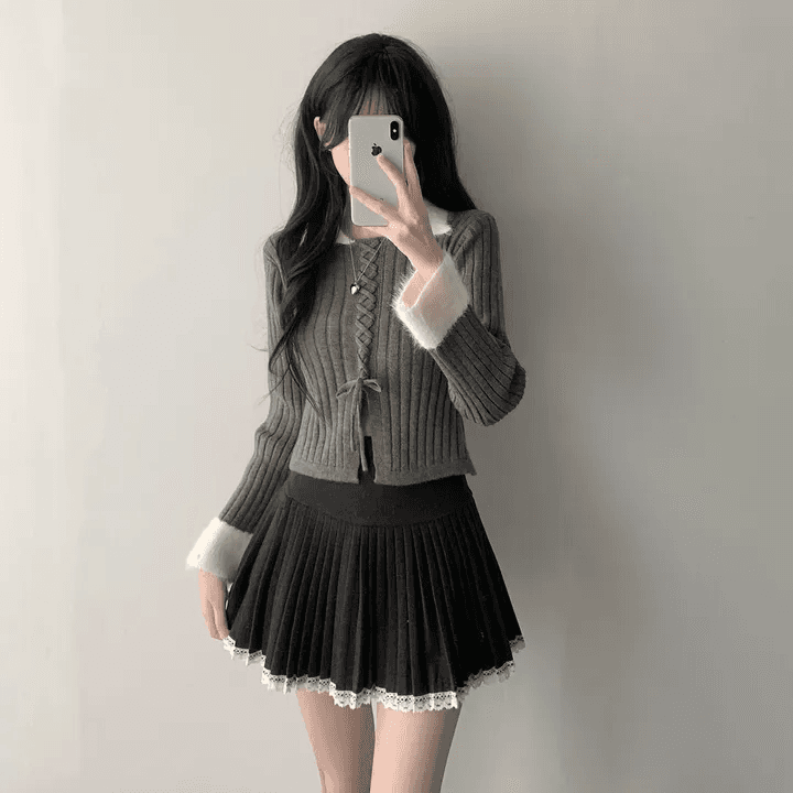 있음 선적 한국 chic 가을 고급 센스 세트 패치워크 거친 가장자리 니트 맨위 레이스 플리츠 반신 스커트 상세 이미지 14