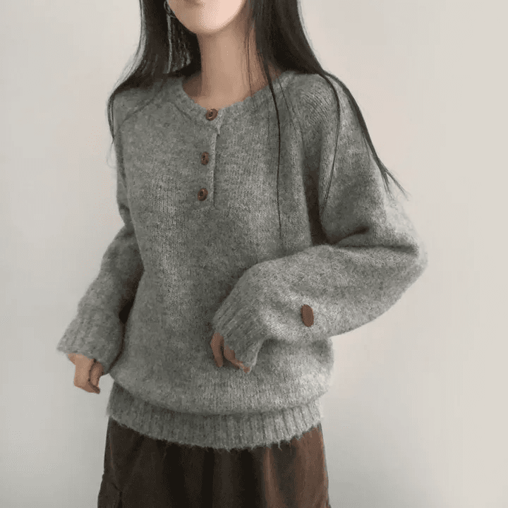 있음 선적 한국 chic 가을 겨울 부드러운 찹쌀 반 개방 라운드 넥 단색 털이 많은 느긋한 스웨터