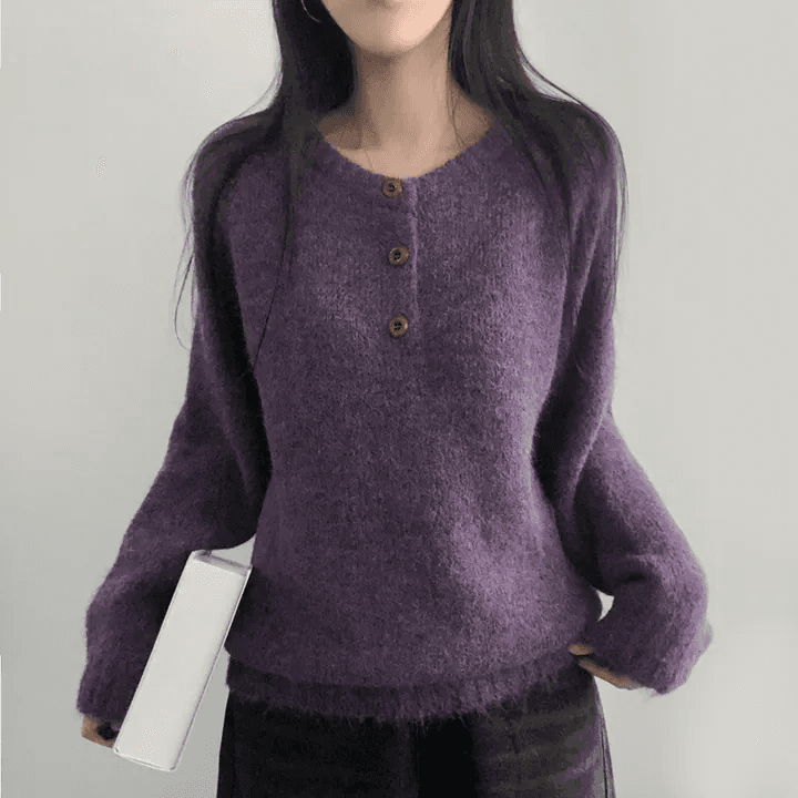 있음 선적 한국 chic 가을 겨울 부드러운 찹쌀 반 개방 라운드 넥 단색 털이 많은 느긋한 스웨터 상세 이미지 19