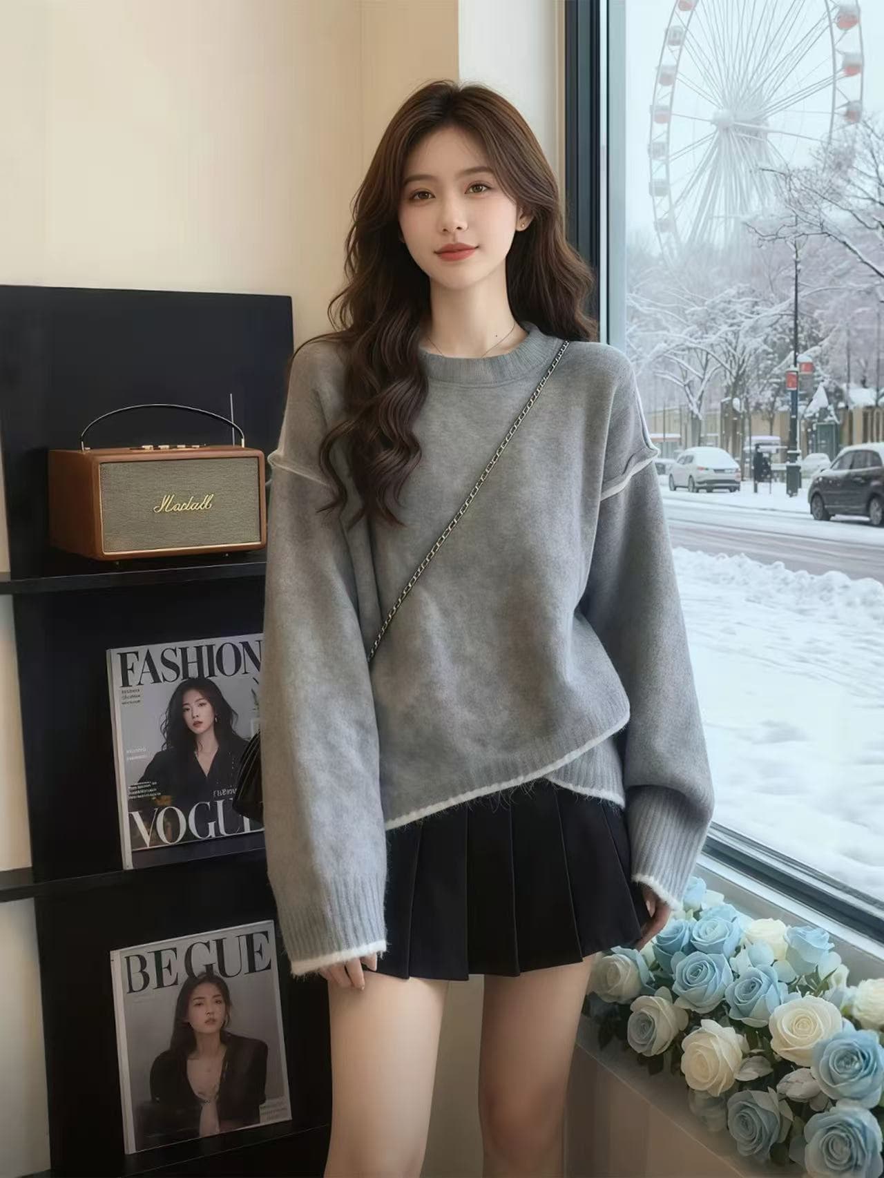 회색 불규칙 니트 스웨터 여자 2026 봄 새로운 수 있습니다. 외출용 인사이드 가져 가라. 디자인 센스 작은 대중 맨위
