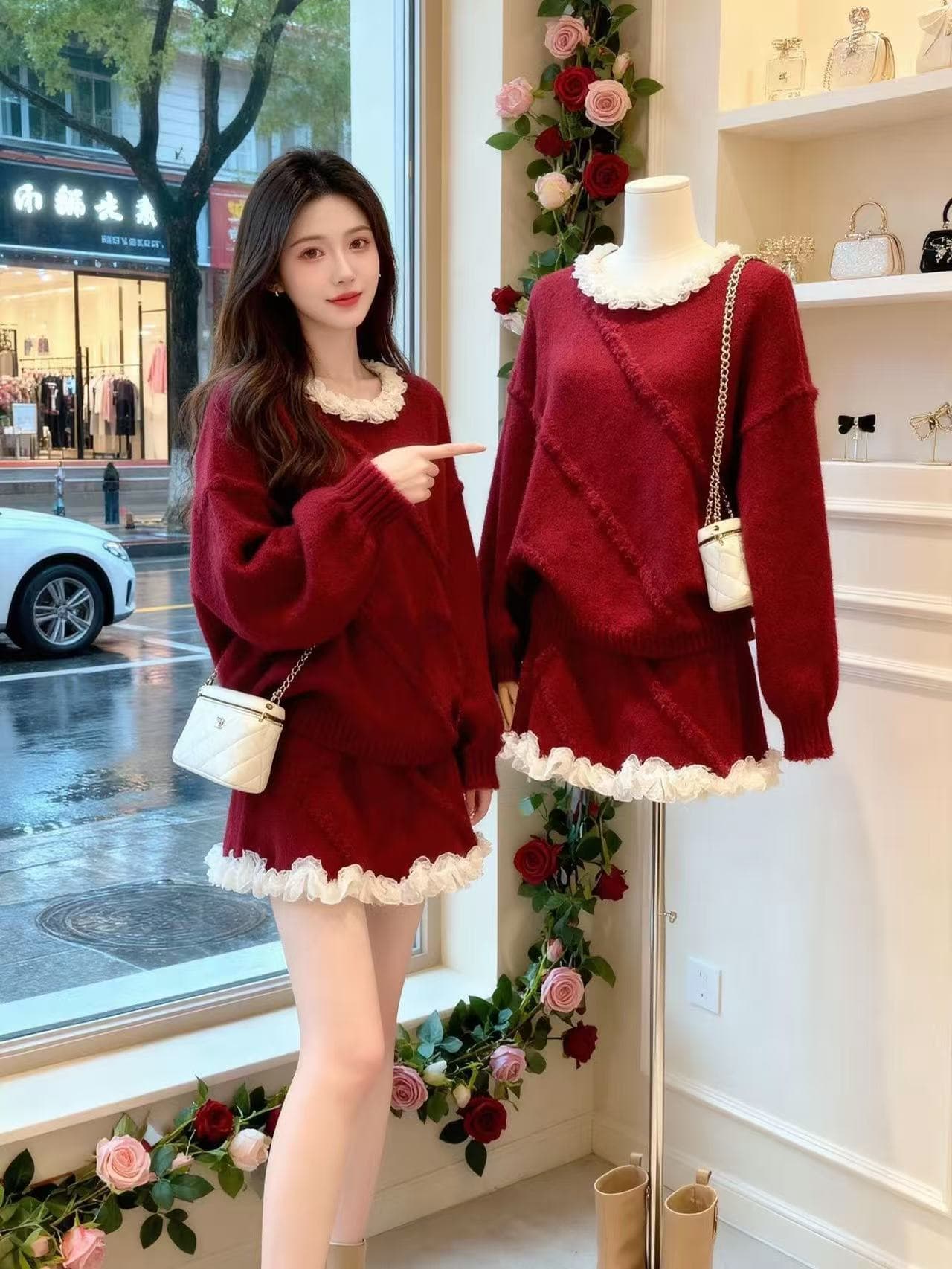 레이스 레이스 달콤함 스웨터 세트 2026 신년 새로운 두꺼운 느긋한 패션 캐주얼 미니 스커트 두 조각 이미지 2