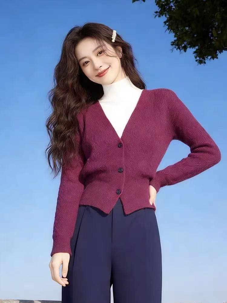 2026 신년 프랑스식 우아함 아름다운 보라색 반하이넥 페이크 레이어드 니트 스웨터 여자 고급 센스 품격 상세 이미지 1