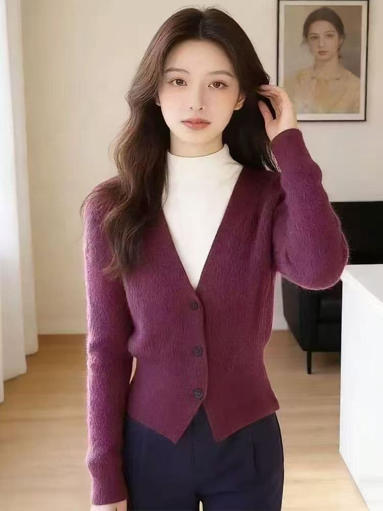 2026 신년 프랑스식 우아함 아름다운 보라색 반하이넥 페이크 레이어드 니트 스웨터 여자 고급 센스 품격 상세 이미지 2