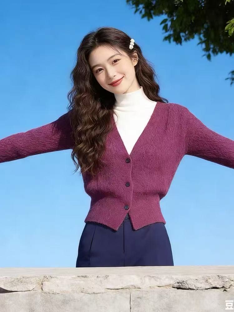 2026 신년 프랑스식 우아함 아름다운 보라색 반하이넥 페이크 레이어드 니트 스웨터 여자 고급 센스 품격 상세 이미지 5
