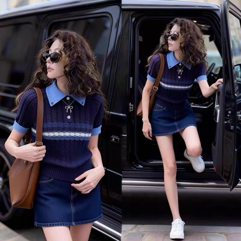 패션 POLO 칼라 디자인 주황색 니트 스웨터 여성 2026 여름 새로운 캐주얼 몸매 가꾸기 반팔 맨위 이미지 5