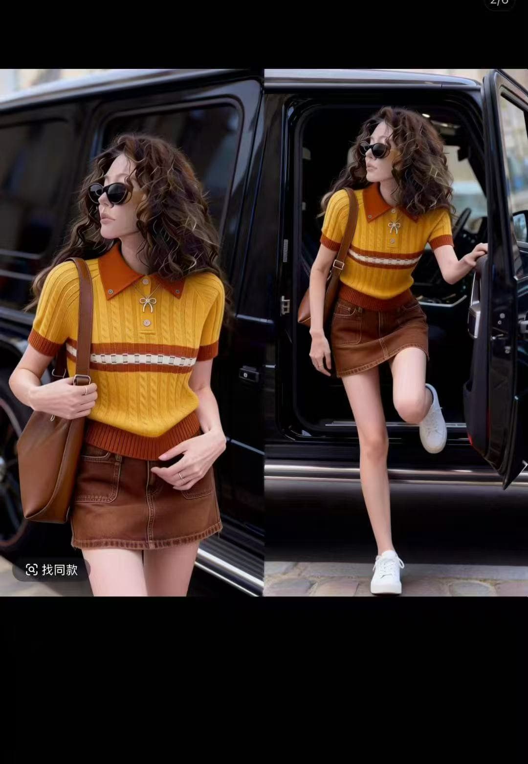 패션 POLO 칼라 디자인 주황색 니트 스웨터 여성 2026 여름 새로운 캐주얼 몸매 가꾸기 반팔 맨위 상세 이미지 2