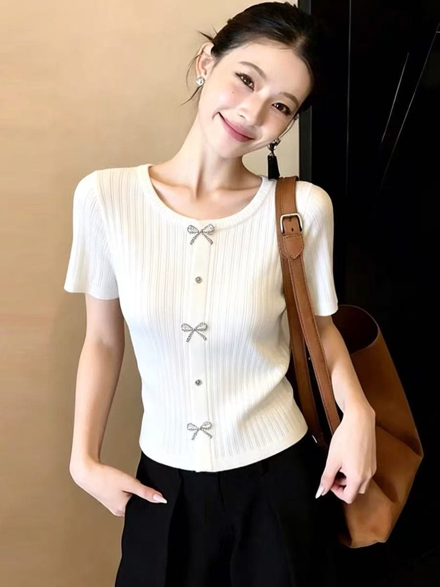 프랑스식 작은 샤넬 스타일 나비 아이싱 실크 반팔 티셔츠 여성 새로운 라운드 넥 품격 연령 감소 고유 한 아름다운 니트 스웨터 상세 이미지 4