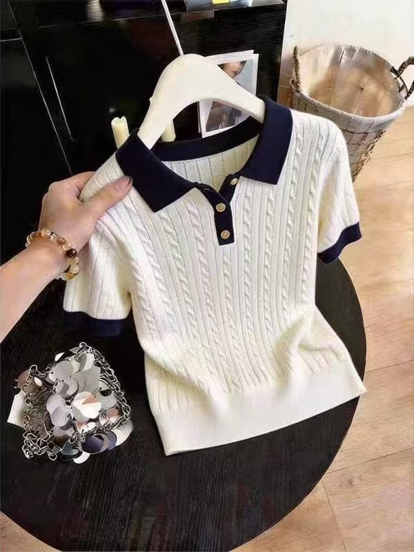 한 부서 얼음 실크 POLO 셔츠 티셔츠 여성 여름 얇은 스타일 작은 키 꽈배기 니트 반팔 쇼트 스타일 폴로 칼라 맨위 상세 이미지 1