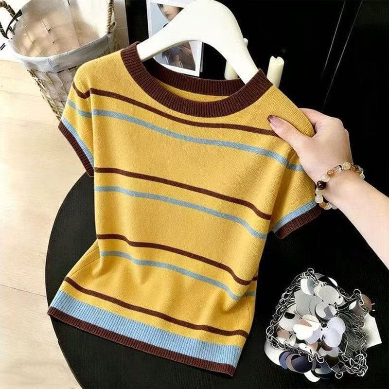 한국 스타일 레트로 스트라이프 배색 반팔 니트 스웨터 여성 여름 새로운 라운드 넥 다용도 패션 Chic 연령 감소 맨위 상세 이미지 4