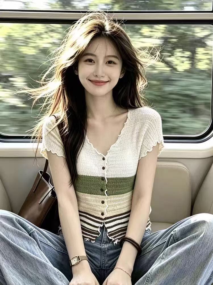 한 부서 ins 바람 기타 색상 스트라이프 니트 오픈 가디건 여성 여름 V넥 프릴 몸매 가꾸기 슬림해 보이는 레트로 반팔 티셔츠 이미지 3