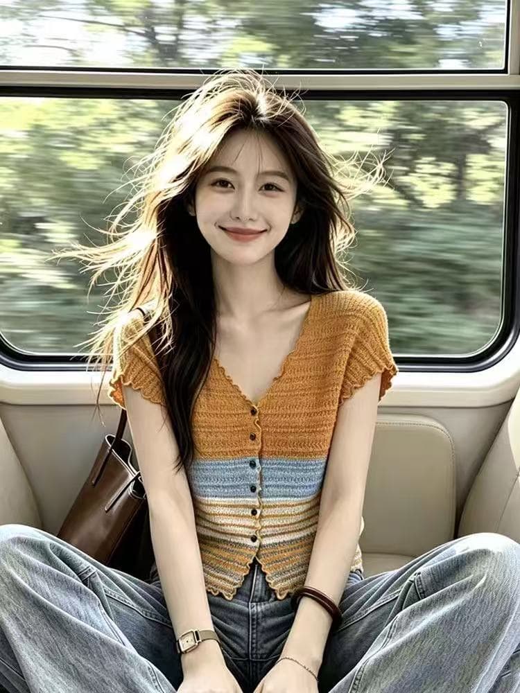 한 부서 ins 바람 기타 색상 스트라이프 니트 오픈 가디건 여성 여름 V넥 프릴 몸매 가꾸기 슬림해 보이는 레트로 반팔 티셔츠 이미지 4