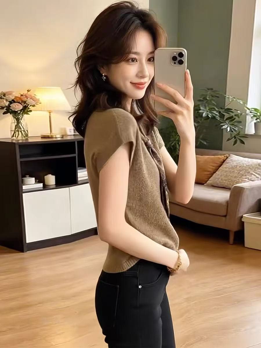 프랑스식 레트로 스카프 패치워크 니트 반팔 티셔츠 여성 여름 디자인 센스 작은 대중 몸매 가꾸기 슬림해 보이는 품격 맨위 상세 이미지 3