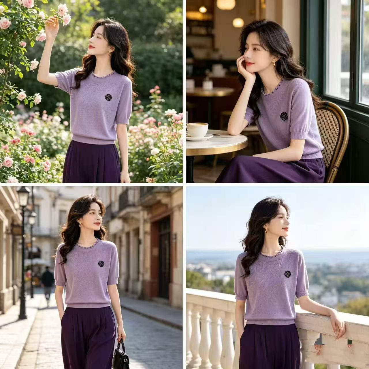 2026 여름 새로운 여성 빛 럭셔리 바람 동백 나무 자수 니트 티셔츠 여성용 짧은 소매 라운드 넥 보라색 맨위 연령 감소 상세 이미지 4