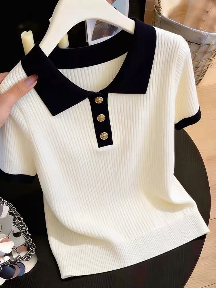 한 부서 배색 POLO 칼라 반팔 니트 스웨터 여성 2026 여름 세련된 출퇴근 착용 가져 가라. 슬림해 보이는 연령 감소 맨위
