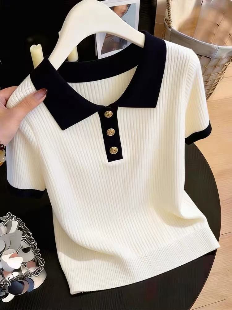한 부서 배색 POLO 칼라 반팔 니트 스웨터 여성 2026 여름 세련된 출퇴근 착용 가져 가라. 슬림해 보이는 연령 감소 맨위 상세 이미지 4
