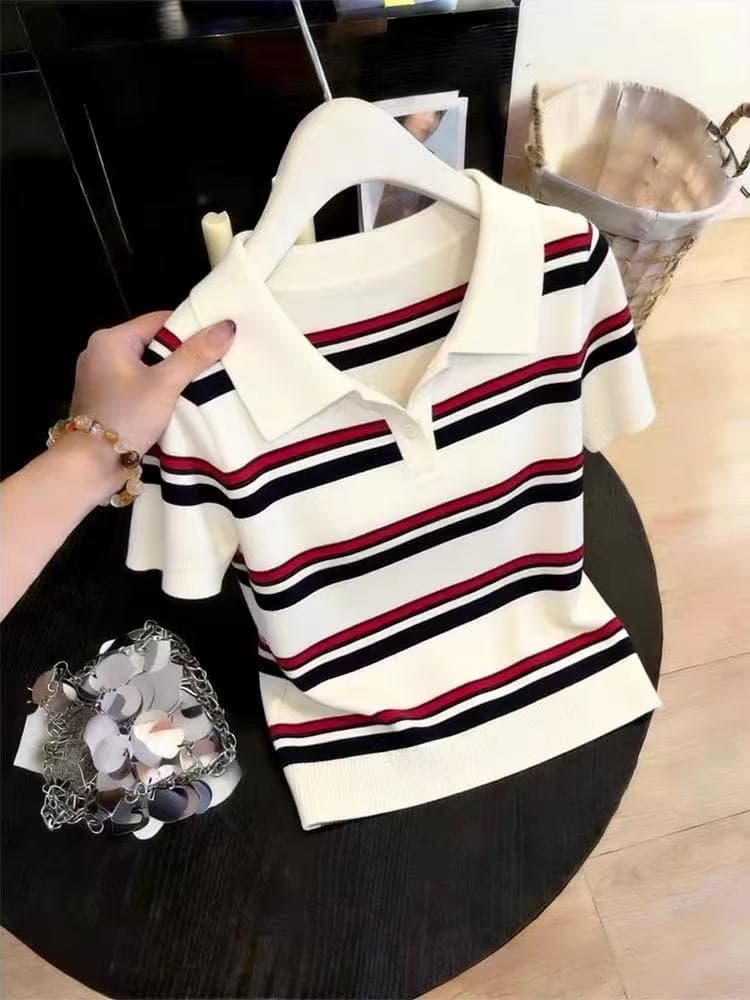 POLO 칼라 반팔 티셔츠 여성 여름 새로운 고유 한 아름다운 패션 자이언트 잘 생긴 스트라이프 니트 맨위 이미지 3