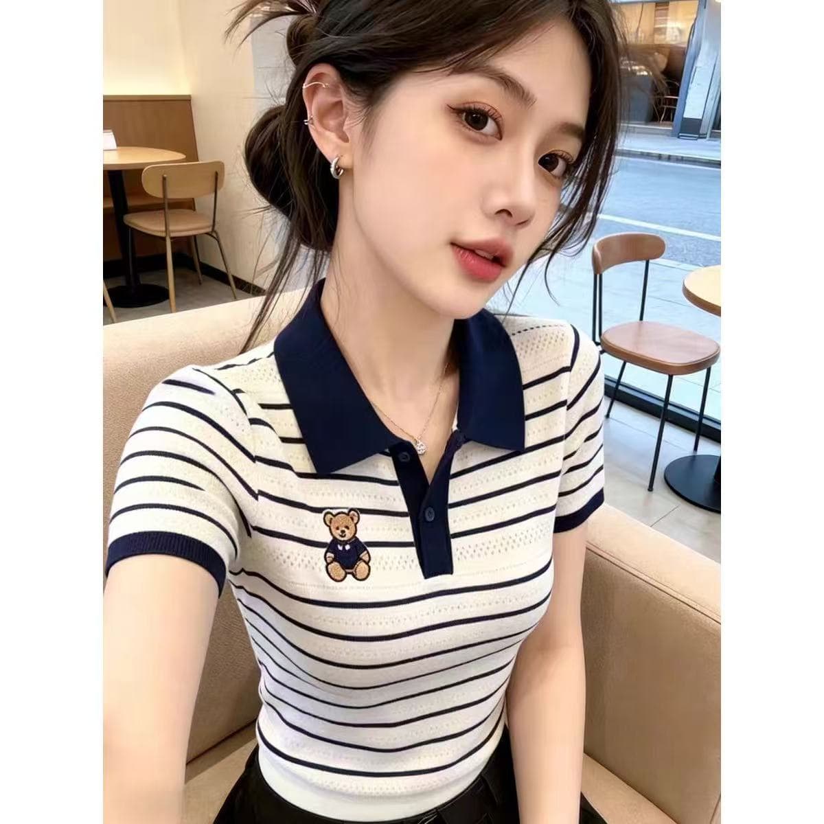 한 부서 배색 스트라이프 작은 곰 폴로 칼라 반팔 티셔츠 여성 여름 고유 한 아름다운 자이언트 잘 생긴 ~ 중 POLO 셔츠 맨위 이미지 5