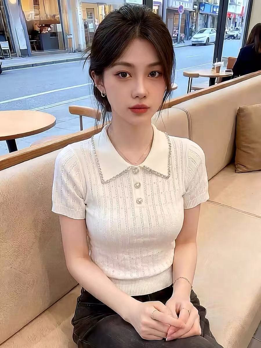 작은 샤넬 스타일 다이아몬드 세팅 POLO 칼라 니트 스웨터 여성 2026 새로운 여름 고유 한 아름다운 작은 대중 니트 반팔 맨위 이미지 2