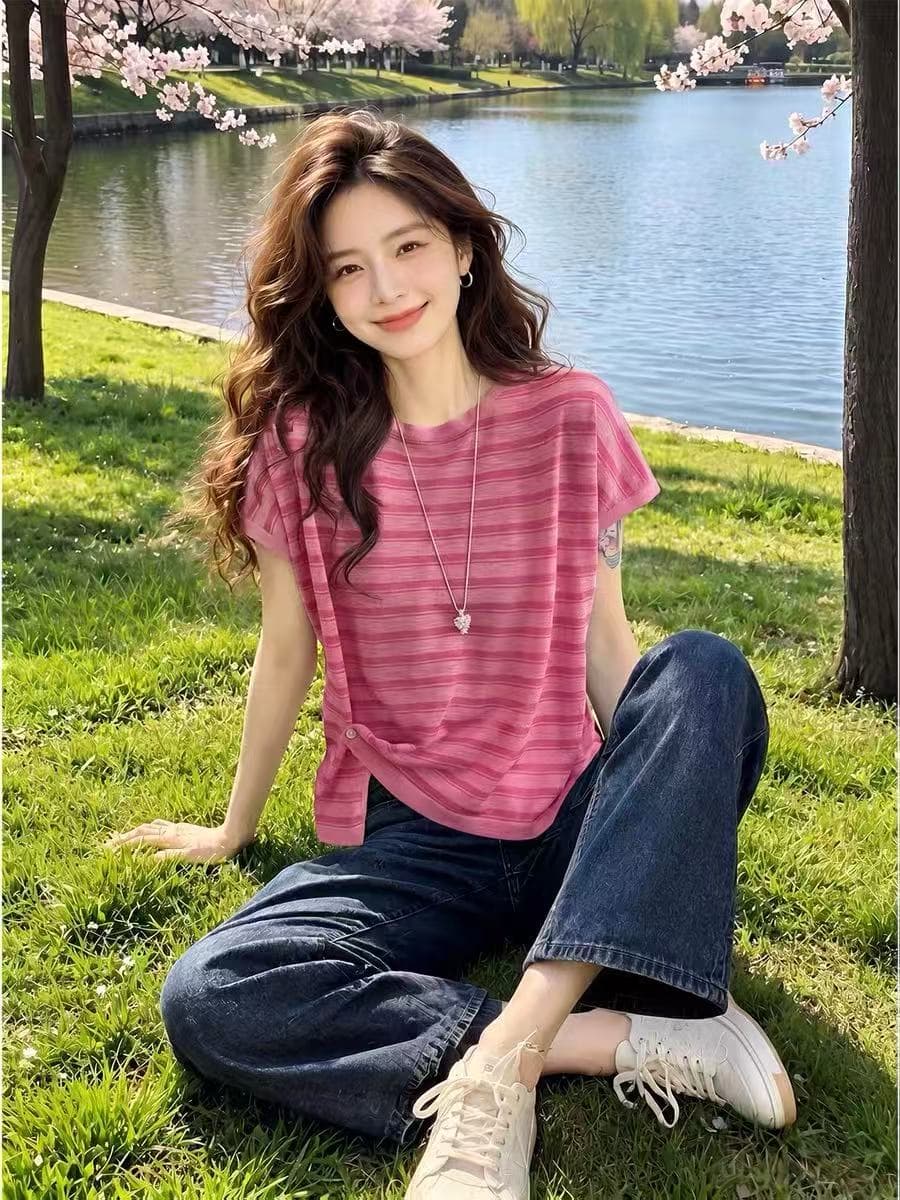 밑단 측면 단추 비스듬한 가져 가라. 라운드 넥 풀오버 니트 스웨터 여성 여름 새로운 루즈핏 스트라이프 패치워크 색상 반팔 티셔츠 상세 이미지 1